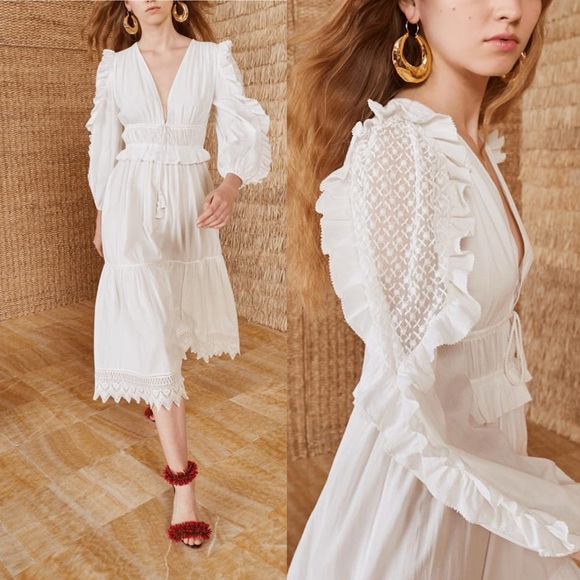 Ulla Johnson Dresses & Skirts - Ulla Johnson Sheila Dress White Lace Sleeve Embroider Midi Revolve Size 8 Medium